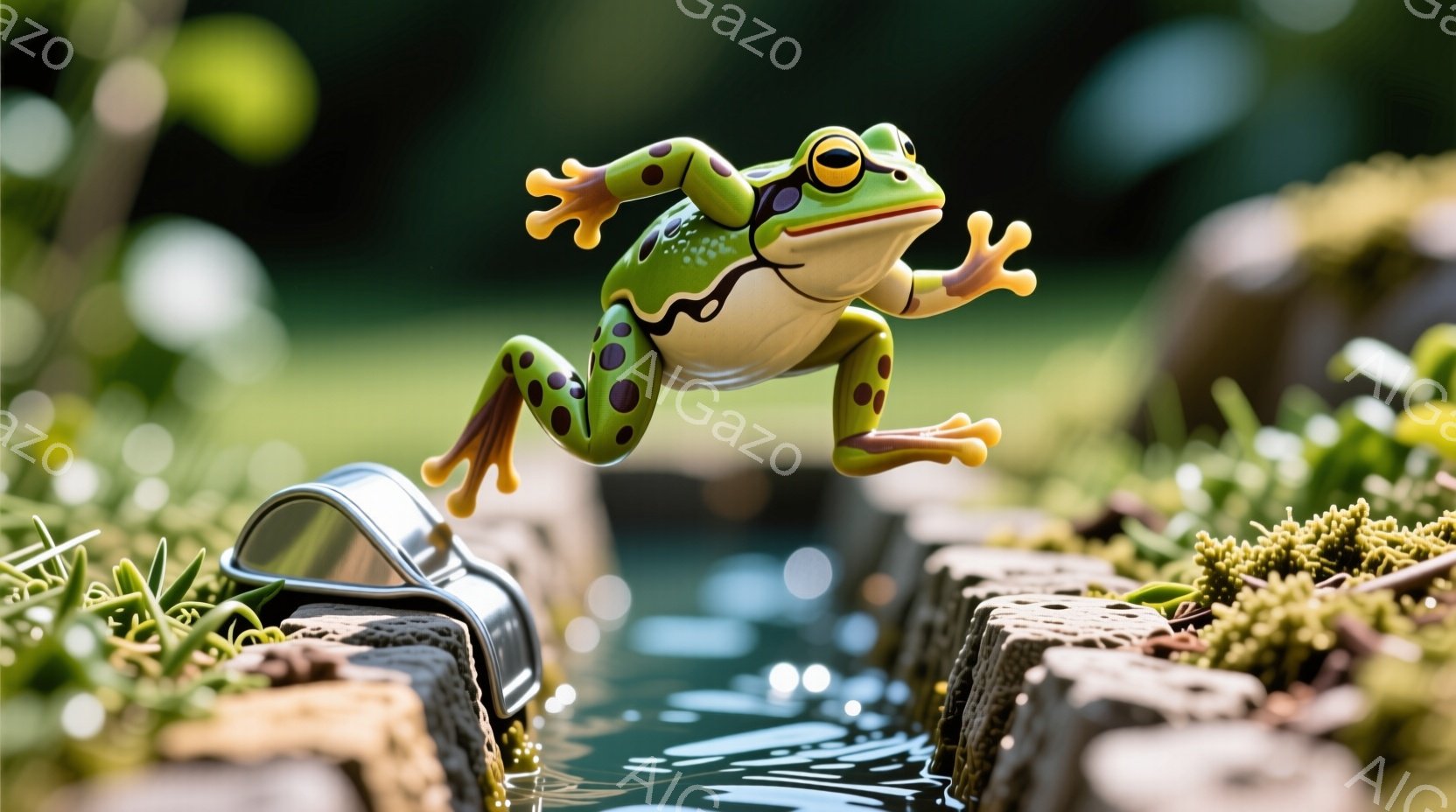 明るい緑色のカエルが、茶色の石造りの縁に沿った水辺で飛び跳ねています。カエルは四肢を大きく広げ、活気に満ちたポーズで空中に浮遊し、周囲の緑豊かな植物と水の反射がその鮮やかな色彩を際立たせています。背景にはぼやけた緑の葉と水面が広がり、穏やかで自然な雰囲気を醸し出しています。