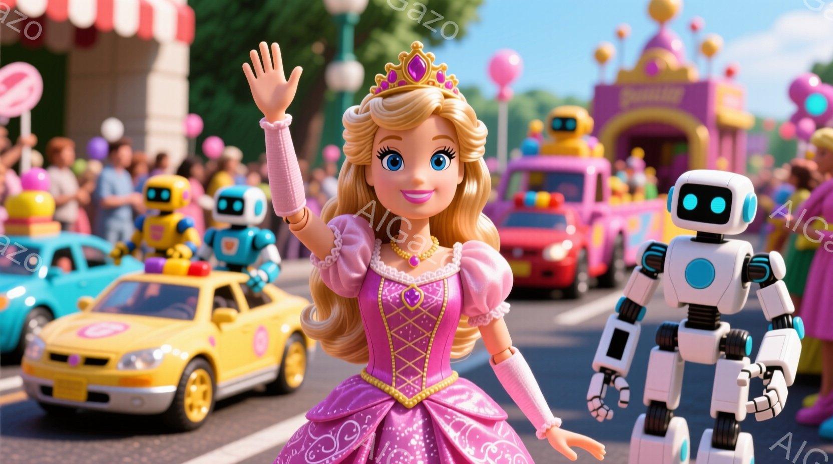 ピンク色の豪華なドレスと金色の髪飾りをつけた女性が、手を振って笑顔を見せています。背景には、カラフルな車やロボット、そしてお祝いを祝う人々の群衆が写っており、お祭りやパレードのような賑やかな雰囲気が漂 - AI生成フリー素材