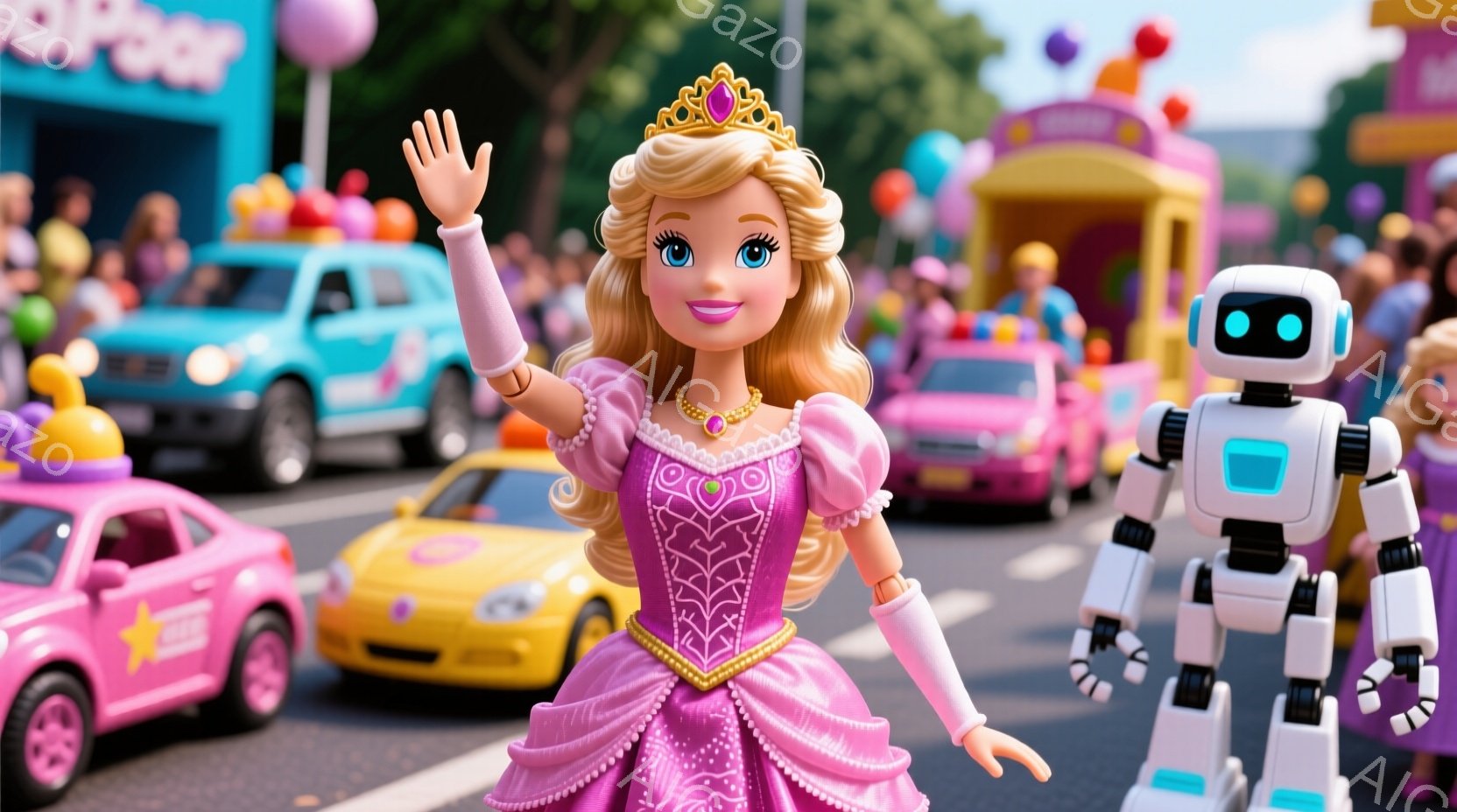 明るいピンク色のドレスとティアラを身に着けた女性が、手を振って笑顔を見せています。背景には、カラフルな車や人々が密集しており、お祭りやパレードのような賑やかな雰囲気です。彼女の隣には未来的なロボットが - AI生成フリー素材