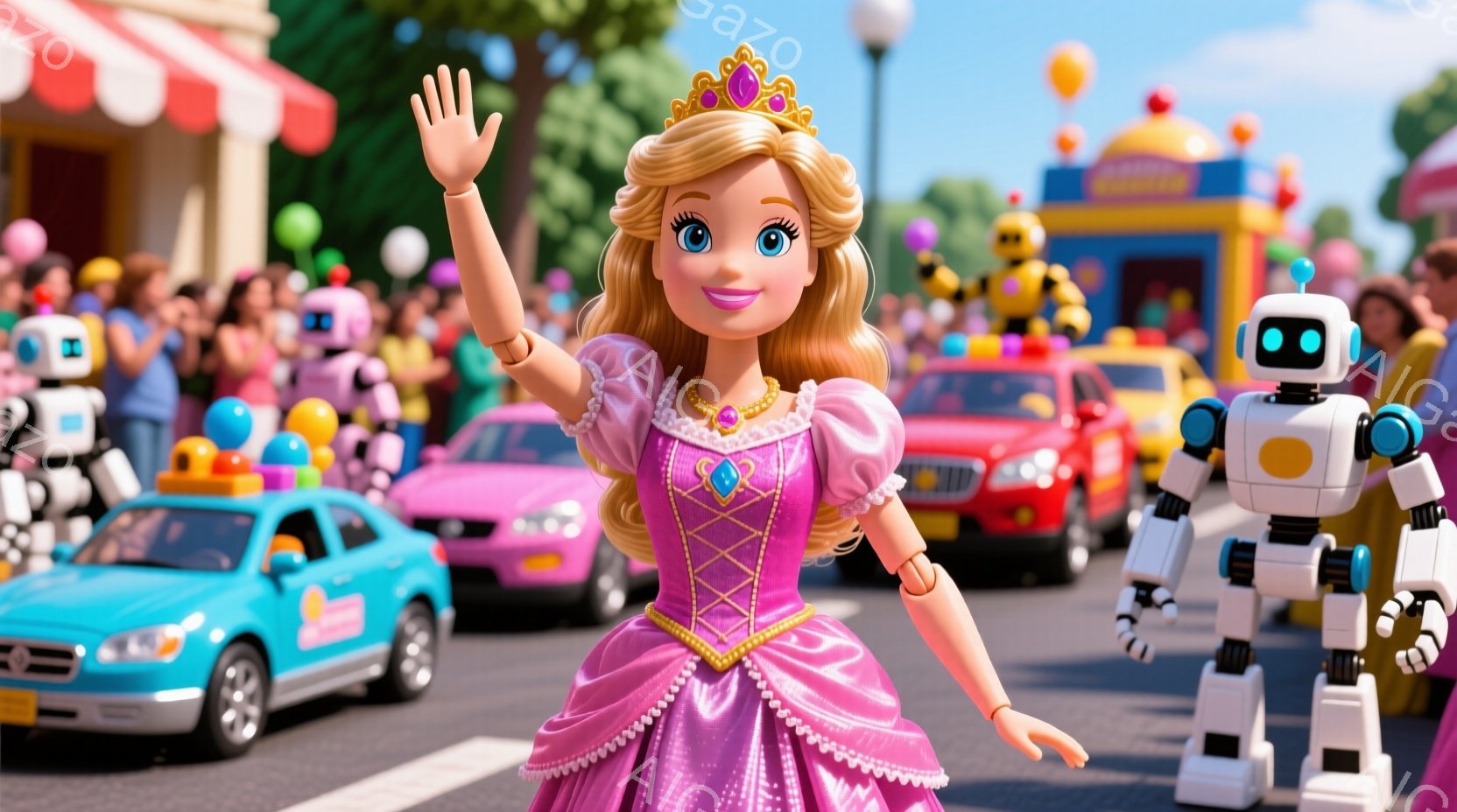 ピンク色の豪華なガウンを着た女性が、笑顔で手を振っています。彼女は金髪をカールさせ、頭にはティアラを載せています。背景には、カラフルな車やロボット、そして人々の群衆が見え、お祭りやパレードのような活気ある雰囲気が漂っています。