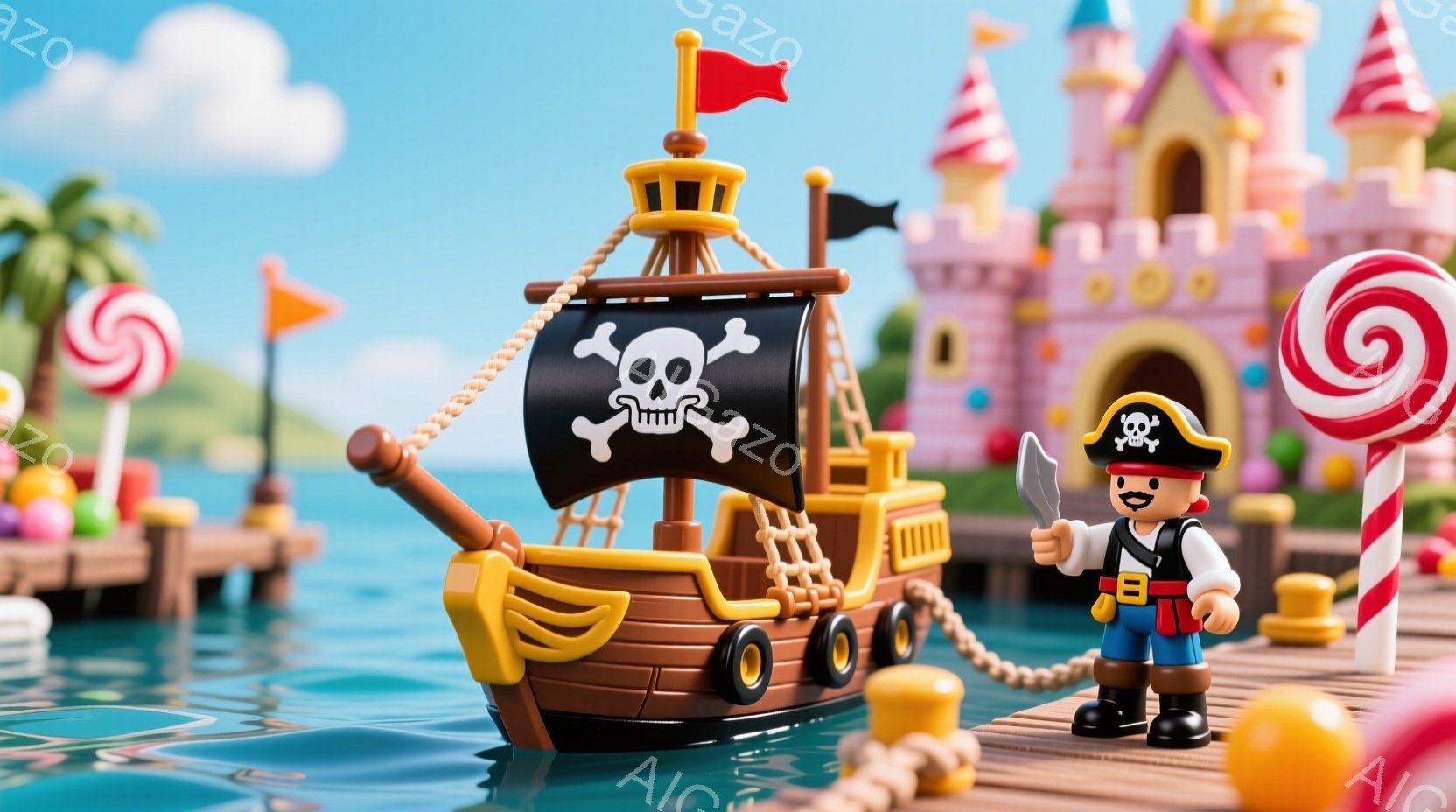 明るい青空の下、桟橋に停泊した小さな海賊船が描かれています。海賊の男の子は赤いバンダナで髪を結い、黒いベストと短パン姿で、片手に剣を持って立っています。背景には、キャンディのようなカラフルな建物やヤシの木が見え、お菓子の国のような夢幻的な雰囲気が漂っています。
