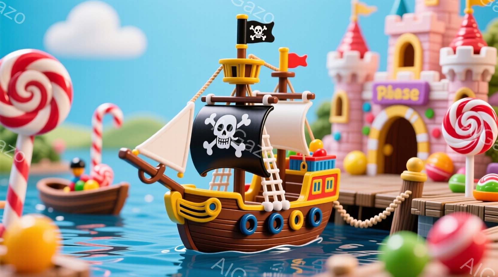 カラフルなキャンディの世界を航海するおもちゃの海賊船が描かれています。船は可愛らしいデザインで、マストにはジョリー・ロジャーの旗が翻っています。背景には、カラフルなキャンディや、お城のような建物が見え、水面にはキャンディが浮かんでおり、全体的に明るく楽しい雰囲気が漂っています。