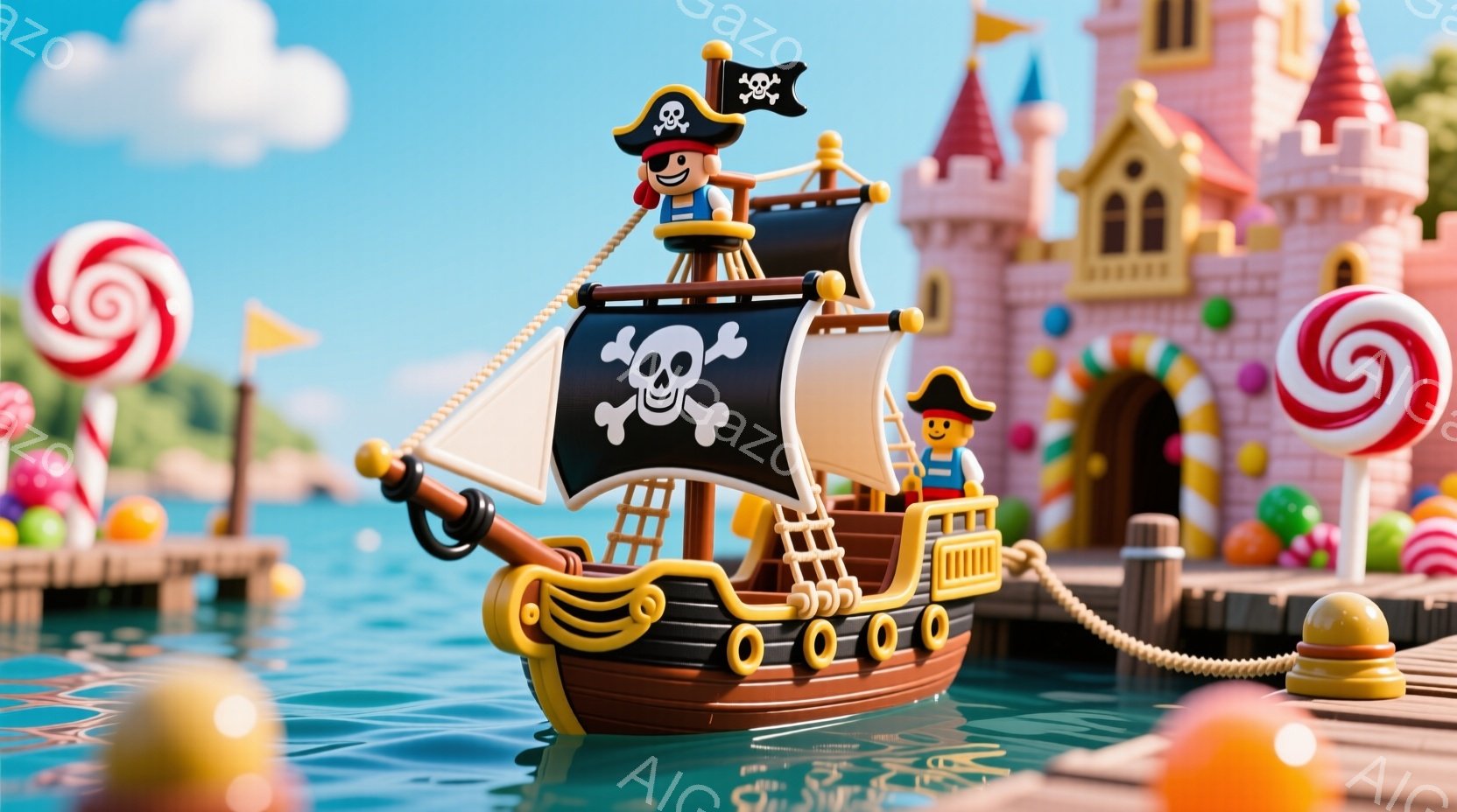 カラフルな玩具のような船が、ピンクや水色のドールハウスのような建物の前に停泊しています。船の上には海賊帽をかぶった男の子が立っており、笑顔で前を見つめています。背景には青い空と緑の丘が見え、全体的に明るく、おもちゃのような可愛らしい雰囲気が漂っています。