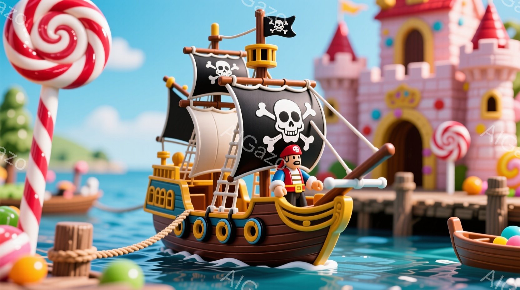 海賊船がカラフルでファンタジーな世界を航海しています。船長は赤い帽子と青いシャツを着ており、笑顔で前を見つめています。背景にはキャンディのような柱と、お城のような建物があり、明るい青空と穏やかな海が広がっています。