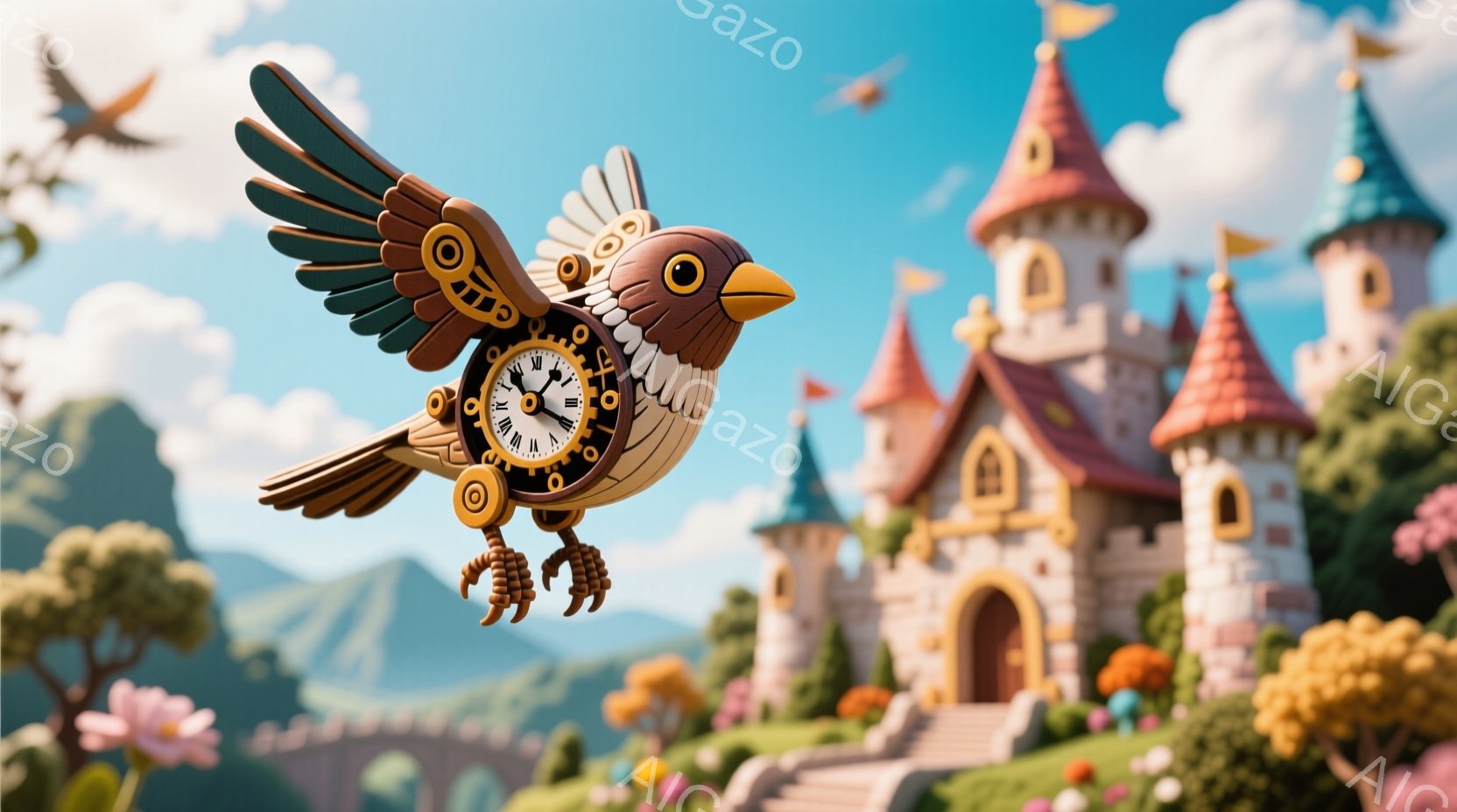 空を飛ぶ時計仕掛けの鳥が描かれています。鳥の体は木製のパーツで構成され、翼と脚は複雑な機械仕掛けで動いているようです。背景には、カラフルで可愛らしいお城と緑豊かな丘、そして青空が広がっており、ファンタジーの世界を思わせる温かく遊び心のある雰囲気が漂っています。