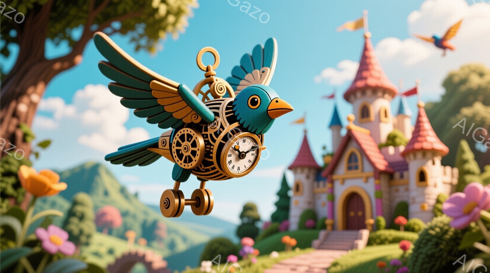 空には、機械仕掛けの鳥が飛んでおり、体の中心に時計が組み込まれています。背景には、カラフルな塔とオレンジ色の屋根を持つおとぎ話のような城が広がり、緑の丘と咲き乱れる花々が春らしい雰囲気を醸し出しています。青い空と穏やかな光が、このファンタジーの世界観をより一層引き立てています。