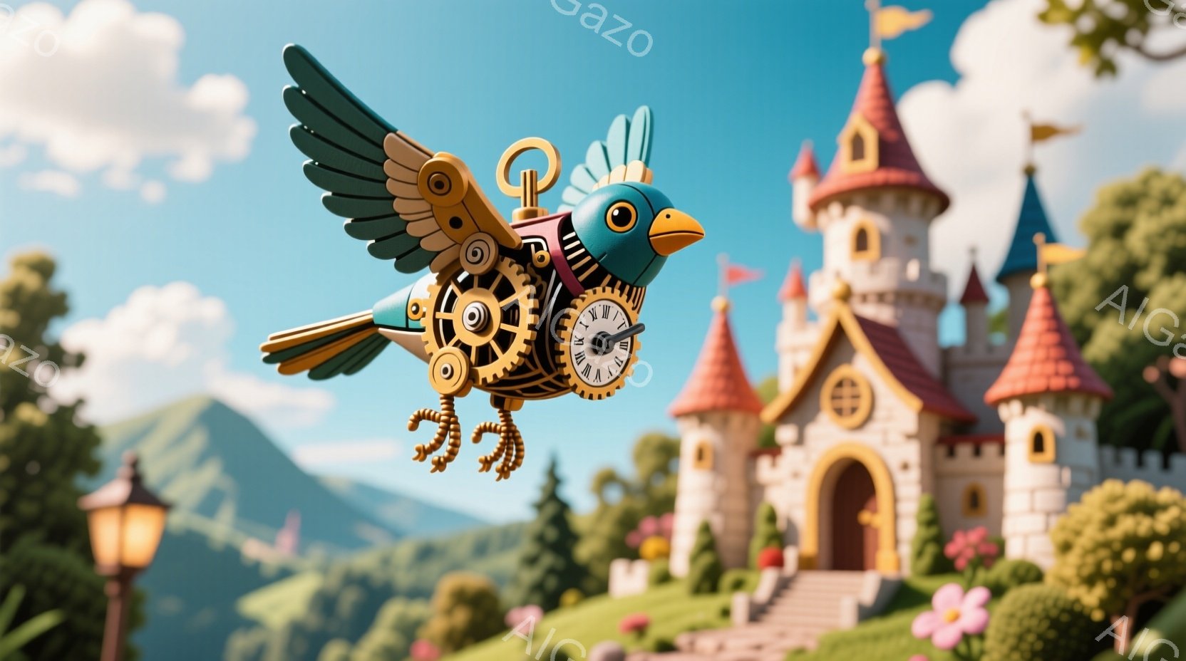 空には、歯車やパイプで構成された、鳥を模したメカニカルな生き物が飛んでいる。背景には、可愛らしいピンクとベージュの城が緑の丘の上に建っており、晴れた青空と白い雲が広がっている。全体的にファンタジーで遊び心あふれる雰囲気で、まるで絵本の中のワンシーンのようだ。