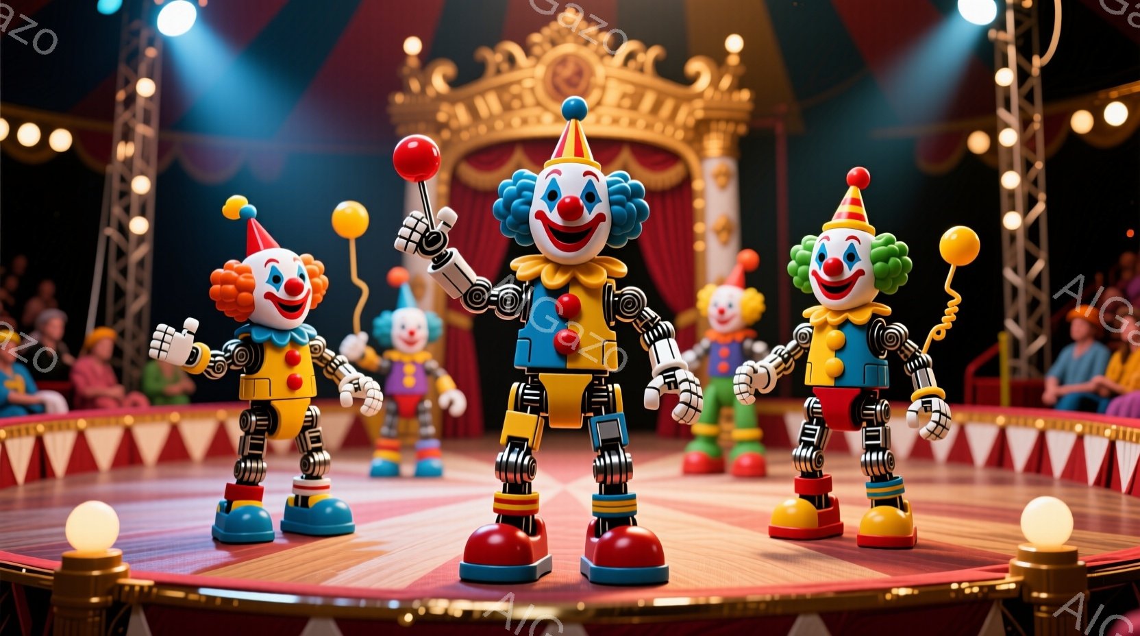 三体のロボットの道化師が、赤い縞模様の円形のステージで並んで立っています。各道化師は、カラフルな衣装、大きな襟、そして頭にはポンポンをつけた帽子をかぶっています。背景には、観客席と鮮やかな赤いカーテン、そして明るい照明が確認でき、陽気で賑やかな雰囲気です。