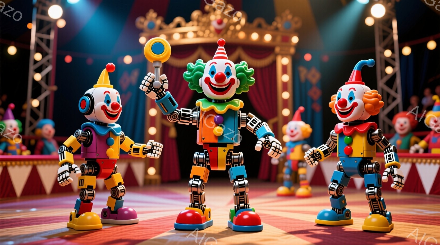 サーカスのステージ上に立つロボットの道化師が３体描かれています。それぞれカラフルな衣装を身につけ、頭には赤い鼻と、黄色いフリル付きの帽子を載せています。ステージの背景には観客席が見え、全体的に明るく楽 - AI生成フリー素材