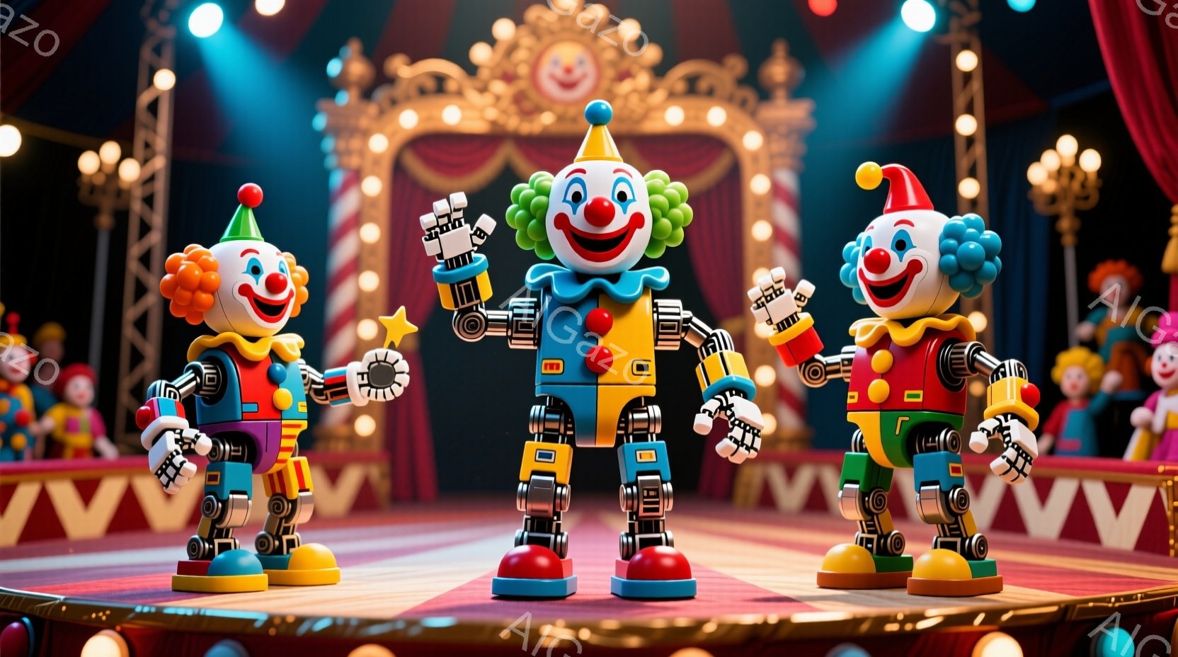 サーカスのステージ上に立つ３体のロボットのピエロが写っています。それぞれのピエロは、カラフルな衣装と独特のメイクをしており、赤い髪と、緑、赤、青の衣装が特徴的です。背景には観客席と、華やかな装飾が施さ - AI生成フリー素材