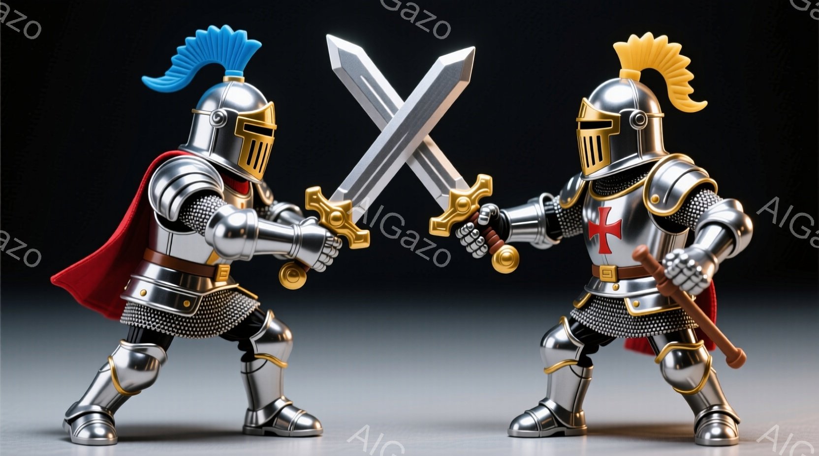 銀色の鎧を身に着けた二人の騎士が描かれています。彼らはそれぞれ赤いマントを羽織り、剣を交差させて対峙しており、構えは攻撃的で緊張感があります。背景はグレーで均一であり、騎士たちの姿が際立っています。