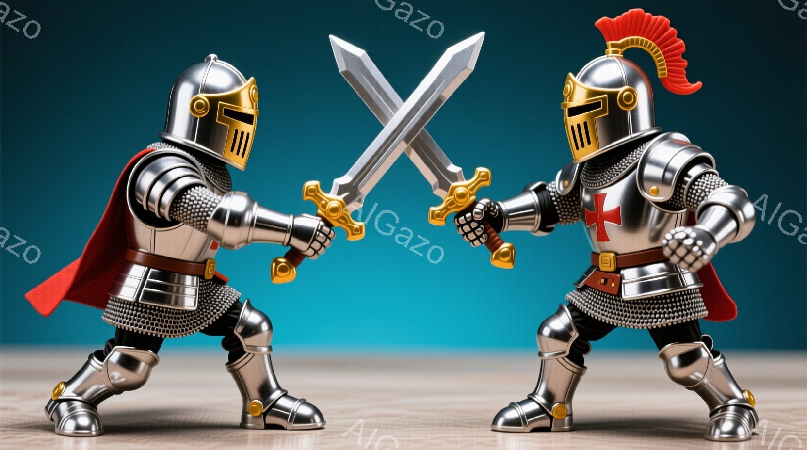 2人の騎士が対峙している様子が描かれている。彼らは全身を銀色の甲冑で覆い、赤いマントを羽織っている。背景は木目調の床と青色のグラデーションで、全体的にゲームのようなポップで可愛らしい雰囲気を醸し出している。