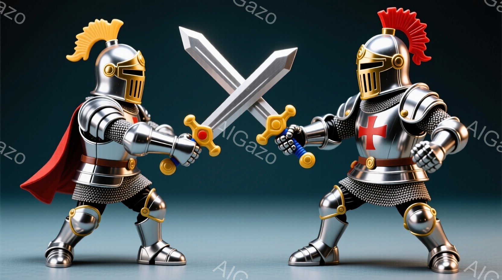 2体の騎士が対峙しており、それぞれ銀色の全身鎧を身に着け、金色の装飾が施されたヘルメットを被っています。彼らは剣を交え、互いに攻撃態勢を取っており、赤いマントが背中から広がっています。背景は単調な青色で、騎士たちの躍動感と対立が際立っています。