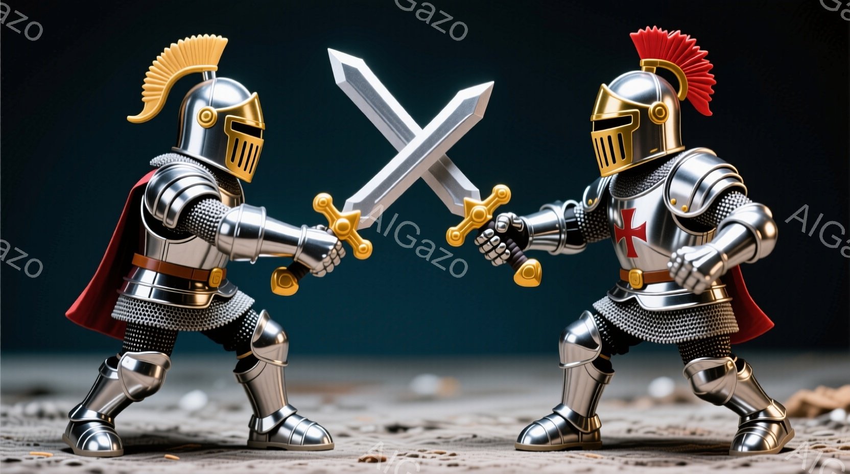 2体の騎士が対峙している。彼らは全身を銀色の甲冑で覆われ、頭には金の飾りと赤い羽飾りが付いた兜を被っている。足元は土の地面で、背景は暗くぼやけており、まるで戦場のような雰囲気である。