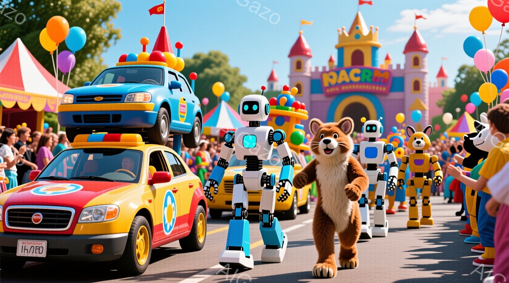カラフルな車の上にはロボットが乗り、その先には大きなクマの着ぐるみが歩いています。背景にはお城のような建物やカラフルなテント、たくさんの観客が見え、明るい晴天の下、お祭りやパレードのような賑やかな雰囲気が漂っています。全体的に陽気で楽しい、子供向けのイベントの様子が描かれています。