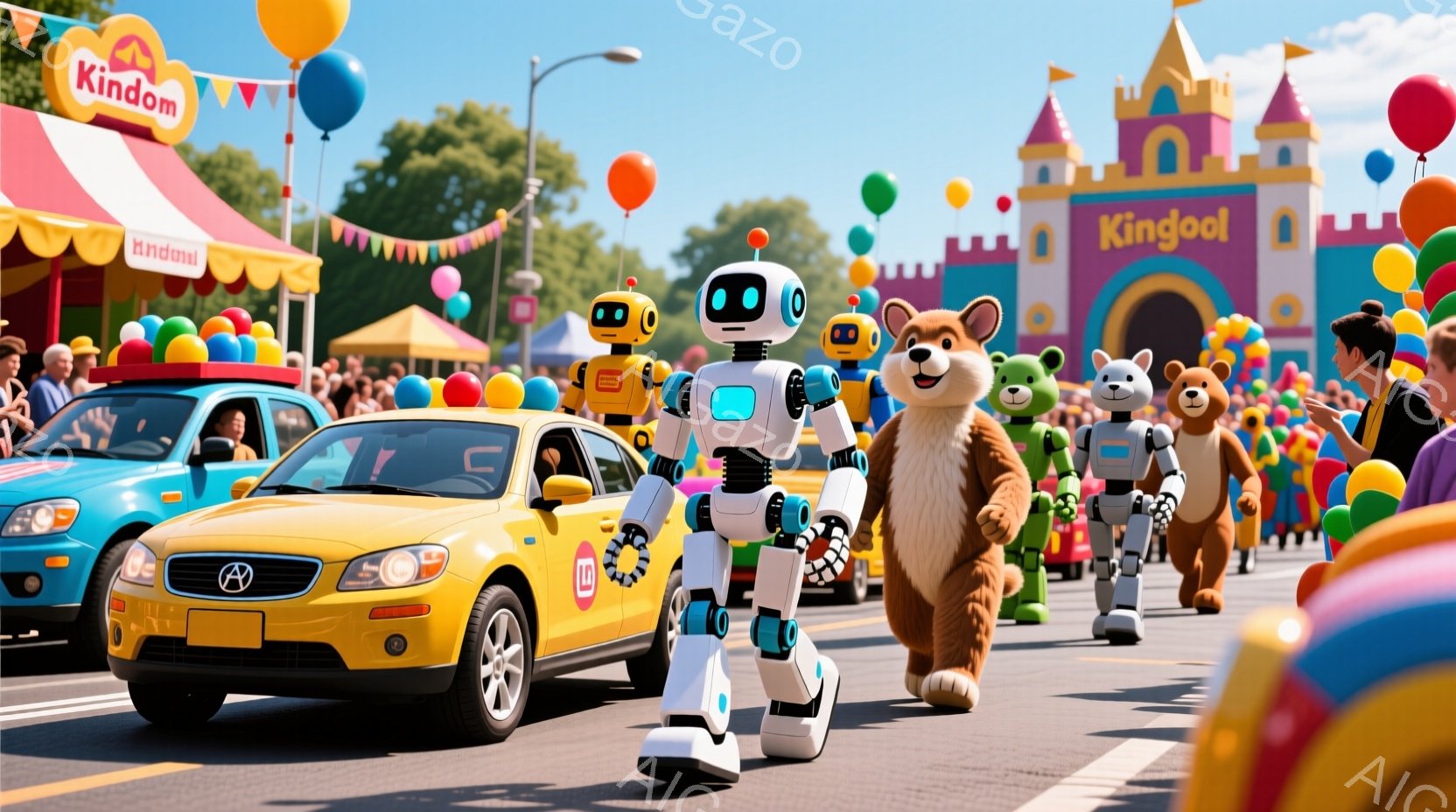 晴れた空の下、遊園地の通りをロボットと着ぐるみがパレードしている様子が描かれています。ロボットは白を基調とした未来的なデザインで、表情はなく、着ぐるみは茶色のクマやその他の動物の姿をしており、楽しそうに歩いている。背景にはカラフルな遊園地の建物、風船、そして車両が見え、明るく賑やかな雰囲気を醸し出しています。