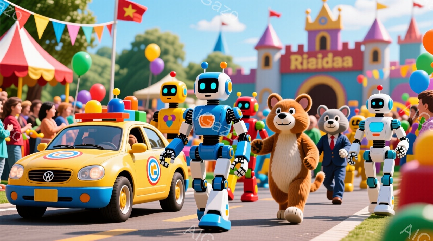 黄色のフォルクスワーゲンが先頭を走り、その後にロボットと着飾った動物たちがパレードを行っている様子が描かれている。背景にはお城のような建物やカラフルな風船、旗があり、明るく陽気な雰囲気を醸し出している。空は青く晴れており、全体的にお祭り騒ぎのような、楽しい情景が広がっている。
