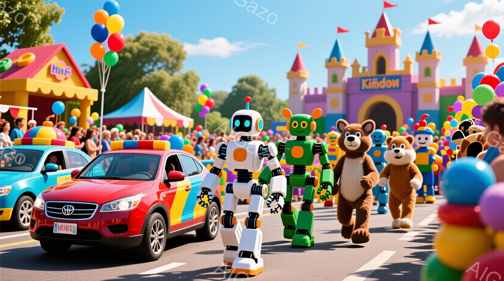 色鮮やかなパレードが進行中です。ロボット、クマ、その他のキャラクターたちが道路を歩き、背景にはお城のような建物が見えます。晴天で、多くの人々がパレードを楽しんでいる様子から、明るく楽しい雰囲気が伝わってきます。