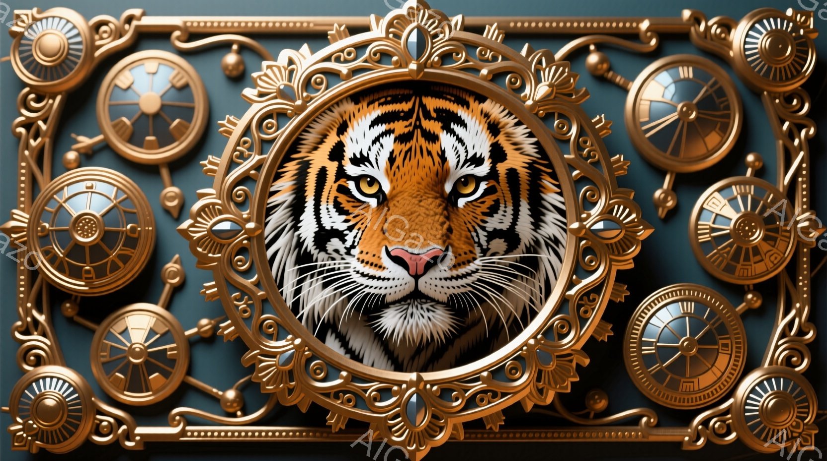 鮮やかな色彩の虎の顔が、精巧な装飾が施された金色のフレームに収められています。フレームは、様々な大きさの時計や歯車で構成されており、スチームパンク風のメカニカルな雰囲気を醸し出しています。背景は深い青色で、時計や歯車の金属的な輝きを際立たせています。