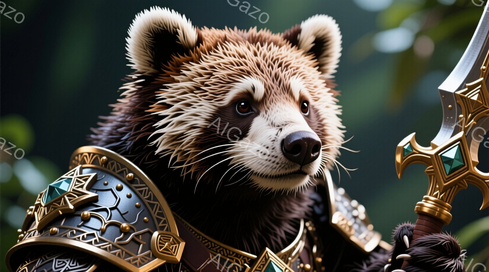 堂々とした表情のタヌキが、精巧な装飾が施された肩当てと鎧を身につけています。鮮やかな緑色の宝石が嵌め込まれた剣がわずかに見え、タヌキは勇敢な戦士のような姿勢でカメラを見つめています。背景はぼかされており、緑豊かな自然の風景が感じられます。