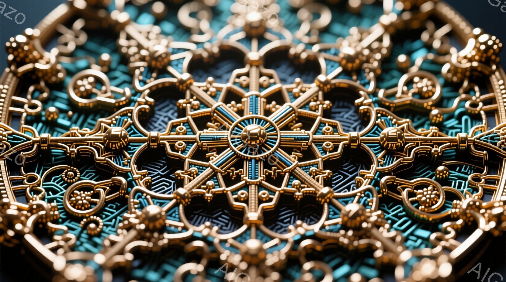 この画像は複雑な金属製の装飾が特徴的で、中心に円形の構造が配置され、そこから放射状に繊細な模様が広がっています。ターコイズブルーと金色の組み合わせが印象的で、スチームパンク風の精密機械やジュエリーを思わせる装飾が、豪華で幻想的な雰囲気を醸し出しています。背景は暗く、装飾の複雑さを際立たせており、高度な技術力と芸術性が融合した作品のように見えます。