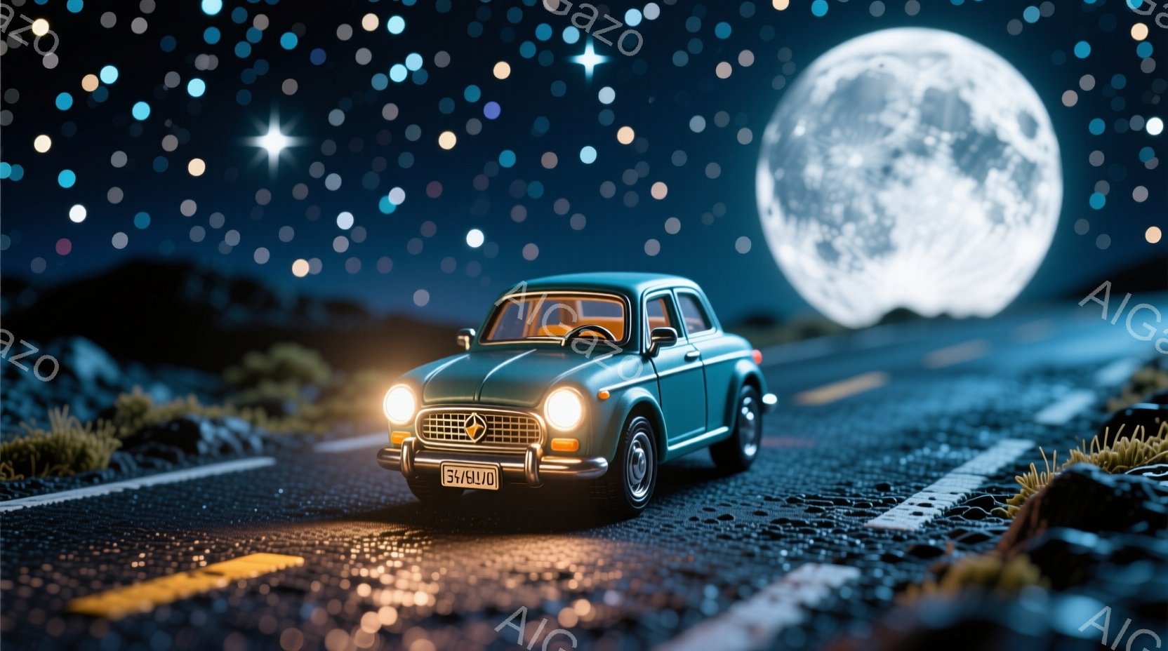 深い青色のミニチュアの車が、夜の曲がりくねった道路を走っている様子が描かれています。満月が大きく背景に輝き、道沿いの草むらは暗闇の中でぼんやりと光を反射しています。全体的に幻想的で、静かな夜のドライブの雰囲気を醸し出しています。