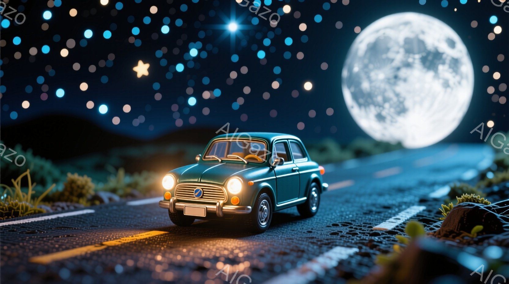 深い青色の夜空を背景に、ターコイズグリーンのレトロな車が道路を走っている様子が描かれています。道路の両脇には小さな草木が生え、空には満月と無数の星が輝き、幻想的な雰囲気を醸し出しています。車のヘッドラ - AI生成フリー素材
