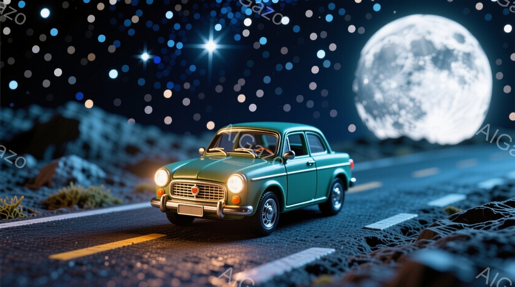 薄緑色のレトロな自動車が、夜の荒野の道路を走っている。背景には巨大な満月と、無数の星が輝き、まるで異世界のような幻想的な雰囲気を醸し出している。道路は険しく、周囲には岩や草が生えていることから、どこか遠い惑星の風景のようだ。
