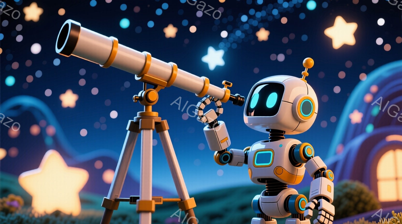 金色の三脚の上に設置された望遠鏡を覗き込んでいる、可愛らしいロボットが描かれています。ロボットは白とオレンジ色の配色で、丸い目と小さなアンテナが特徴的で、好奇心に満ちた表情を見せています。背景には、星が輝く夜空と、青い屋根の可愛らしい家、緑の丘が広がっており、夢幻的な雰囲気を醸し出しています。
