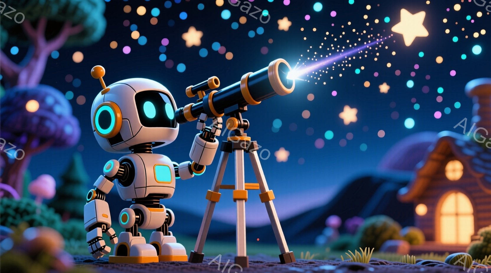 小さなロボットが三脚の上に設置された望遠鏡を覗き込んでいます。ロボットはオレンジと白の配色で、丸い頭に大きな目、そして短い手足を持っています。背景には、光り輝く星空、可愛らしい家、そしてカラフルなキノコが広がり、夢のような雰囲気を醸し出しています。