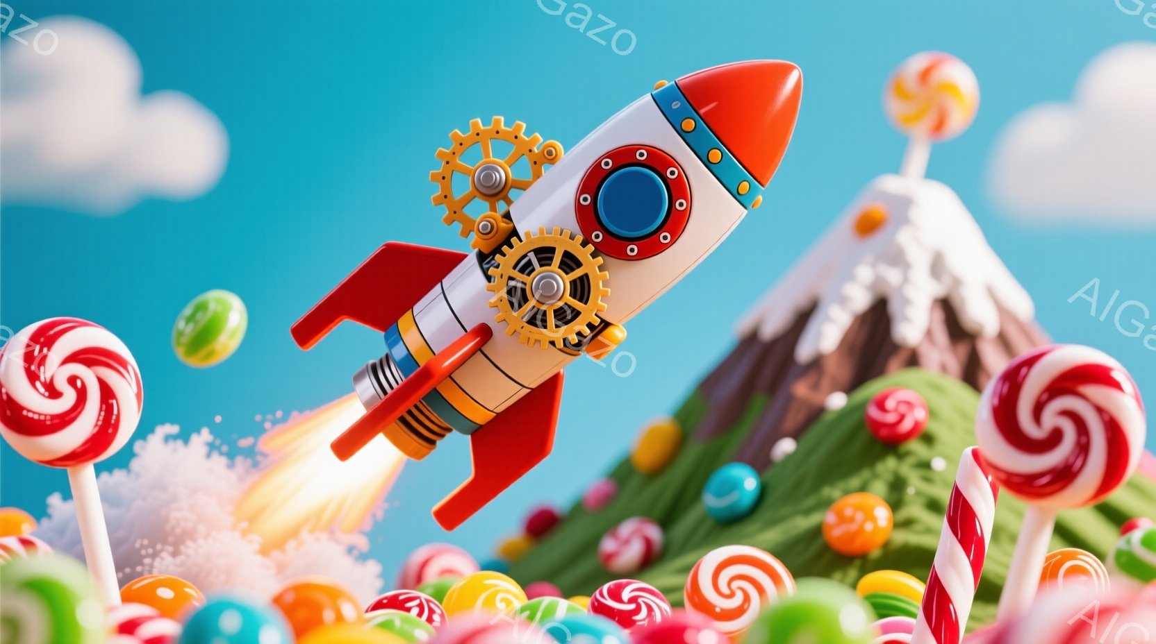 カラフルなキャンディで覆われた丘の上を、レトロなロケットが勢いよく上昇している様子が描かれています。ロケットは白と赤を基調としたデザインで、歯車やバルブなどの装飾が施され、蒸気を噴射しています。背景には青い空と白い雲が広がり、全体的に夢のような、遊び心溢れる雰囲気が漂っています。