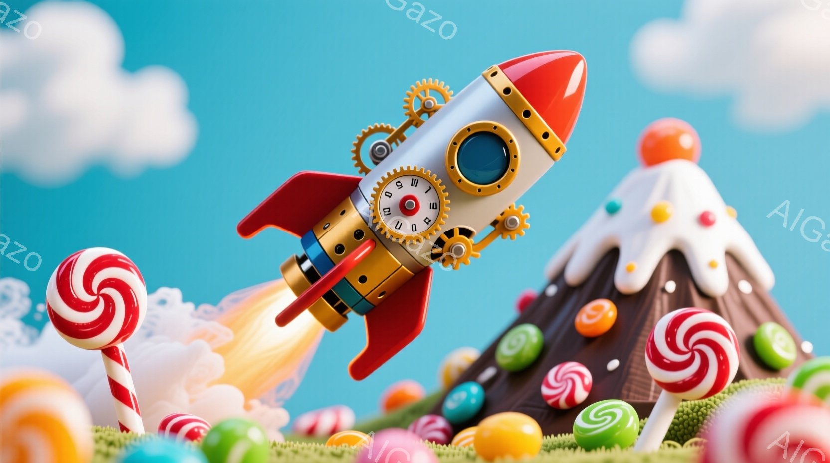 カラフルなキャンディの風景を背景に、レトロなデザインの赤いロケットが炎を噴き上げて空を飛んでいます。ロケットにはメーターや歯車が取り付けられており、まるで蒸気機関のような趣があります。地面には様々な種類のキャンディが散らばり、背景にはチョコレートで作られた山と綿菓子のような雲が広がっています。
