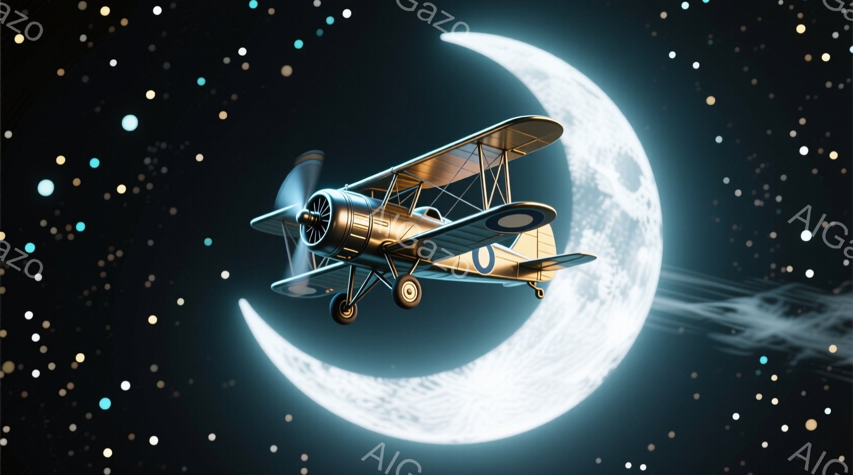 古風なプロペラ機が、巨大な満月の前に飛行している様子が描かれています。機体は金色に輝き、背景には無数の星が散りばめられた漆黒の宇宙が広がっています。満月は白く光り、幻想的で神秘的な雰囲気を醸し出しています。