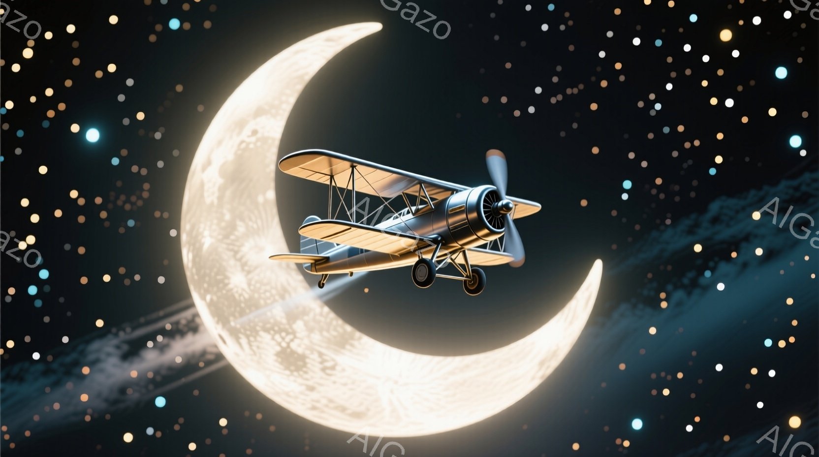 古いプロペラ機が、明るい満ちかけの月を背景に空を飛んでいる様子が描かれています。月は淡い光を放ち、夜空には小さな星が散りばめられています。全体的に幻想的で、夢のような雰囲気です。