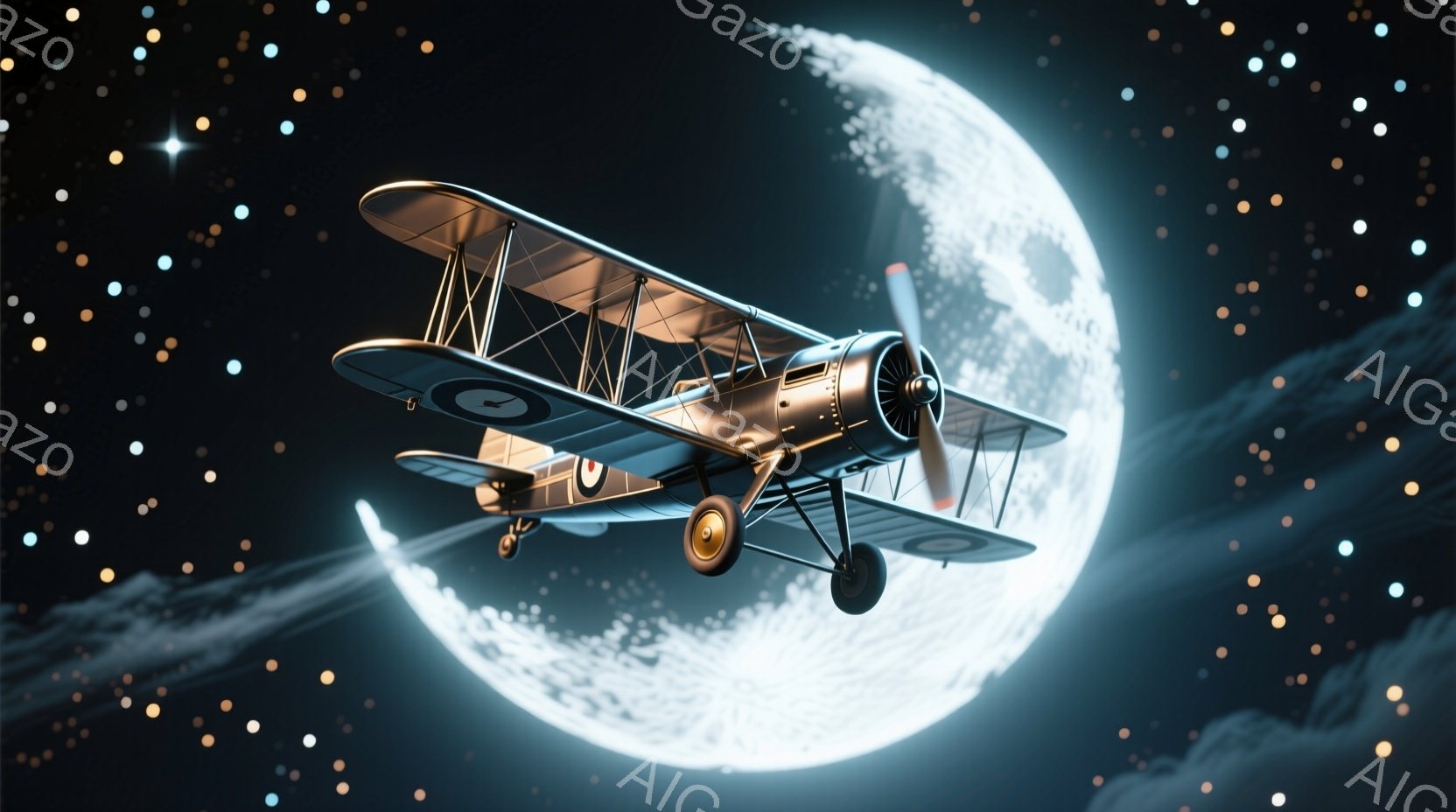古いプロペラ機が、満月を背景に夜空を飛んでいる様子が描かれている。機体は金色の金属光沢があり、翼には黒い模様が施されている。背景は暗い夜空と星々、そしてぼんやりとした雲に覆われた満月で、神秘的な雰囲気を醸し出している。