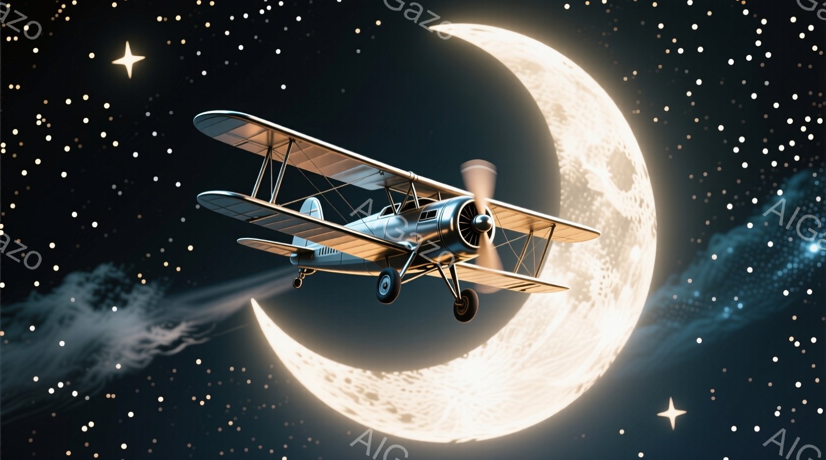 紺碧の夜空を背景に、銀色の双発複葉機が月を背景に飛行している様子が描かれている。月は大きく明るく輝き、夜空には無数の星が散りばめられている。雲が機体の後方から流れ込み、幻想的で夢のような雰囲気を醸し出している。