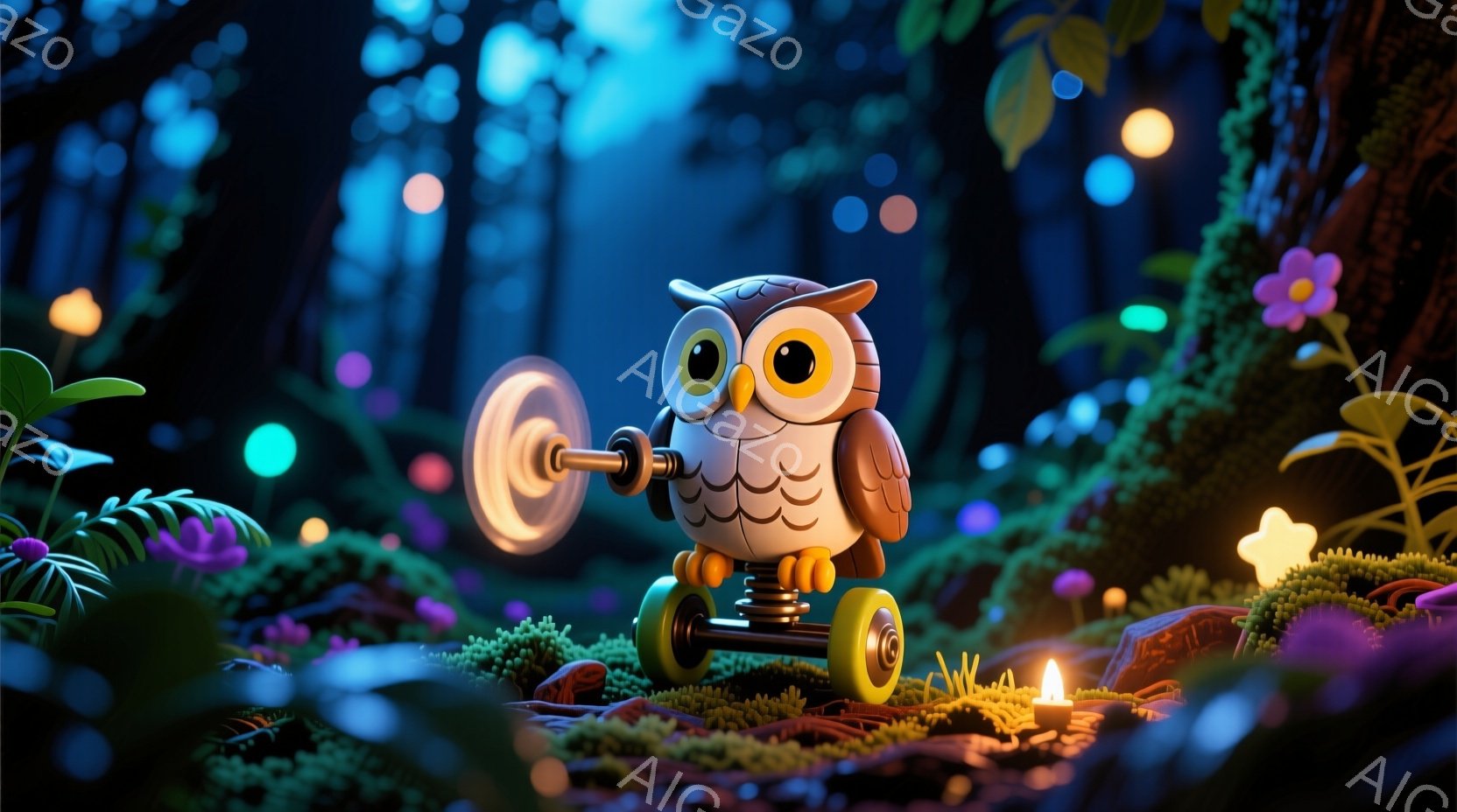 ふわふわとした茶色のフクロウが、小さな車輪の付いた台に乗って、円盤を握って運動している様子が描かれています。周囲には鮮やかな紫やピンクの花々、苔むした岩、そしてぼんやりとした光の粒子が散りばめられており、まるで幻想的な森の中にいるようです。 全体的に温かく、遊び心に満ちた雰囲気で、夜の森の静けさと可愛らしさが共存しています。