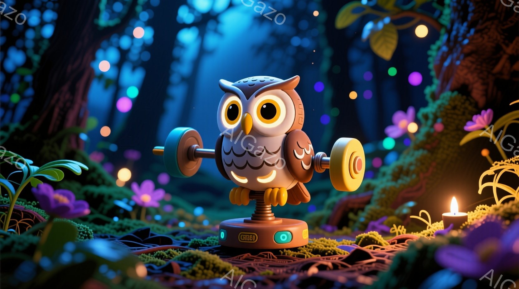 明るいオレンジ色と茶色の愛らしいフクロウが、ダンベルを持ちながらポーズをとっています。背景には、紫やピンクの花々、緑の苔、そしてぼんやりとした光の粒子が散りばめられたファンタジーのような森が広がっています。全体的に、遊び心があり、夢幻的で、ほっこりするような雰囲気です。