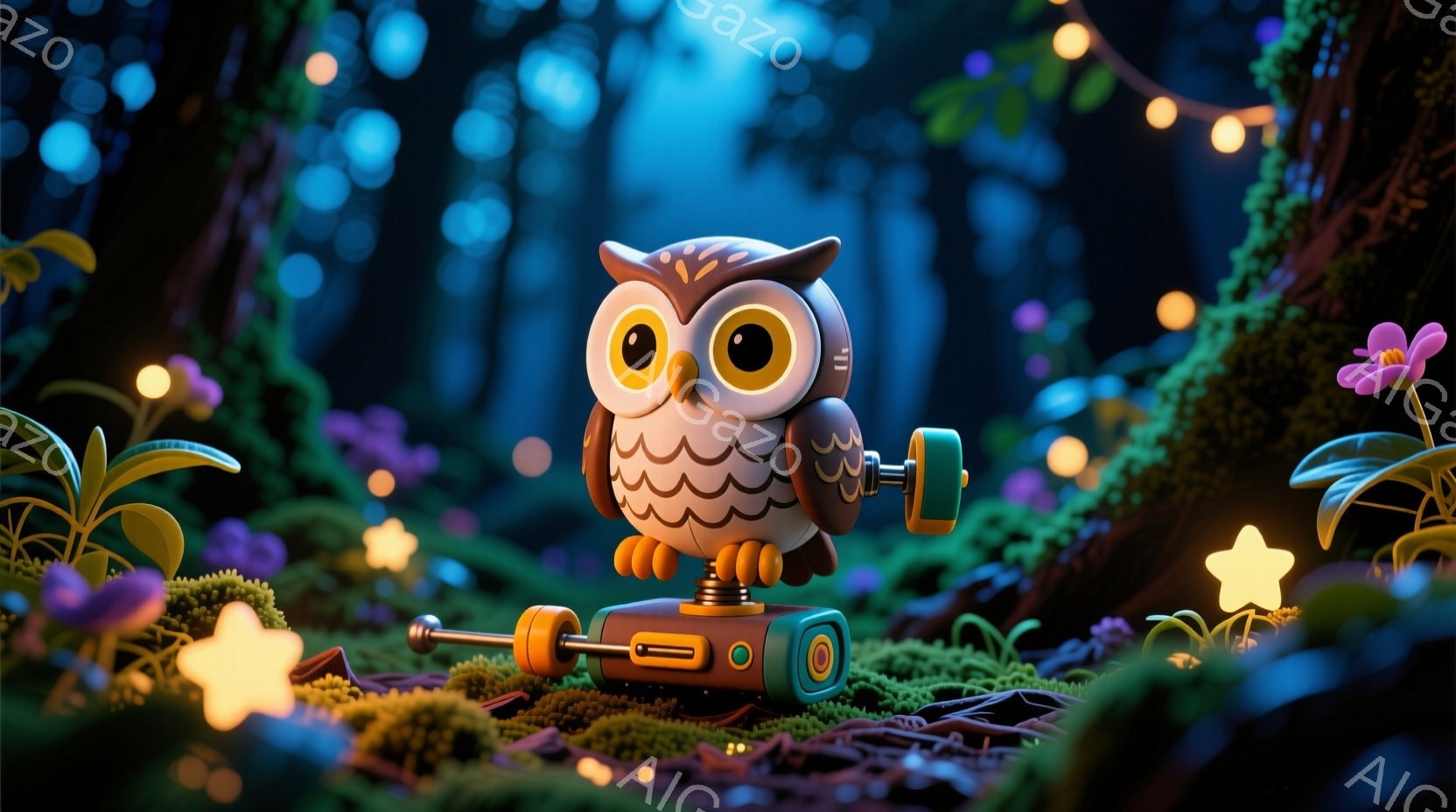 可愛らしいフクロウが、緑の苔の上に立って、まるで玩具のような機械的な足で支えられています。背景は暗い森で、カラフルな花や光る星が散りばめられ、幻想的な雰囲気を醸し出しています。フクロウは大きな目を輝かせ、遊び心のある表情で見る人を魅了します。