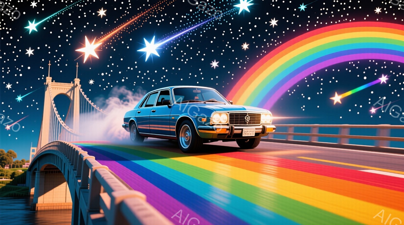 1. 人物：車両の運転者はなく、普通の自動車が走っている。 2. 動作や姿勢：車は高速道路で高速運転をしており、前方に進んでいる。 3. 背景の詳細：夜空で星が見える。長く伸びた桜色の彩りが空に流れている。橋の下を通過している。