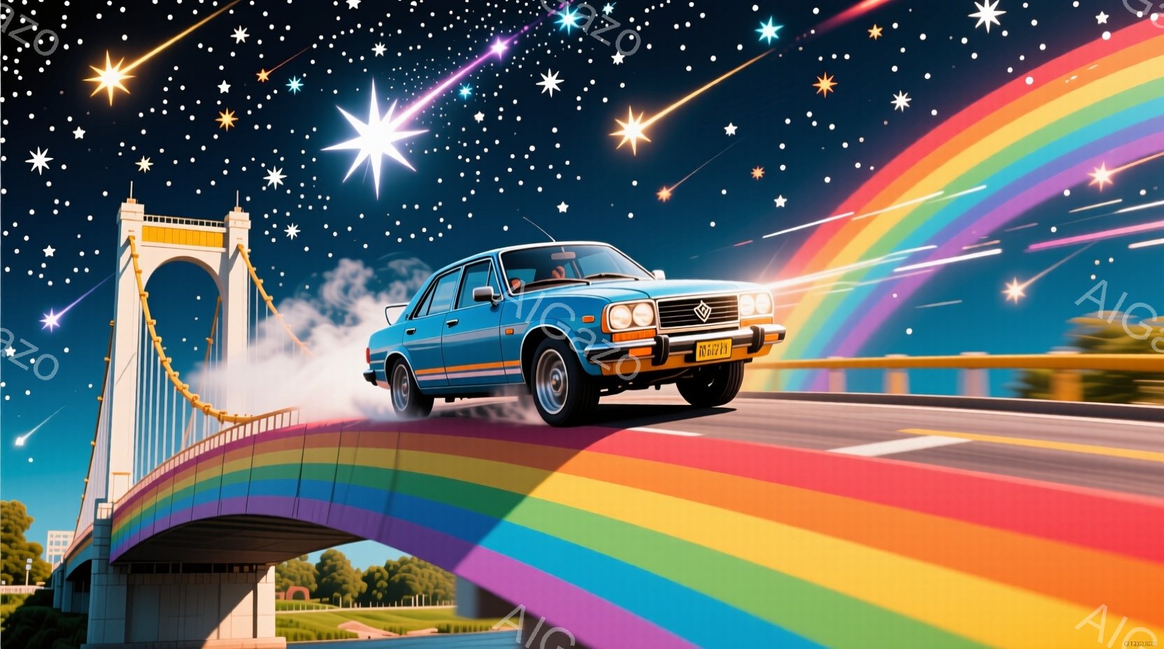 夜空を背景に、虹色の道を進む青い車が描かれています。車は速度感があり、タイヤから煙が出ていることから、ドリフト走行をしていることがわかります。背景には、ライトアップされた橋や緑豊かな丘が見え、星が輝く夜空が幻想的な雰囲気を醸し出しています。