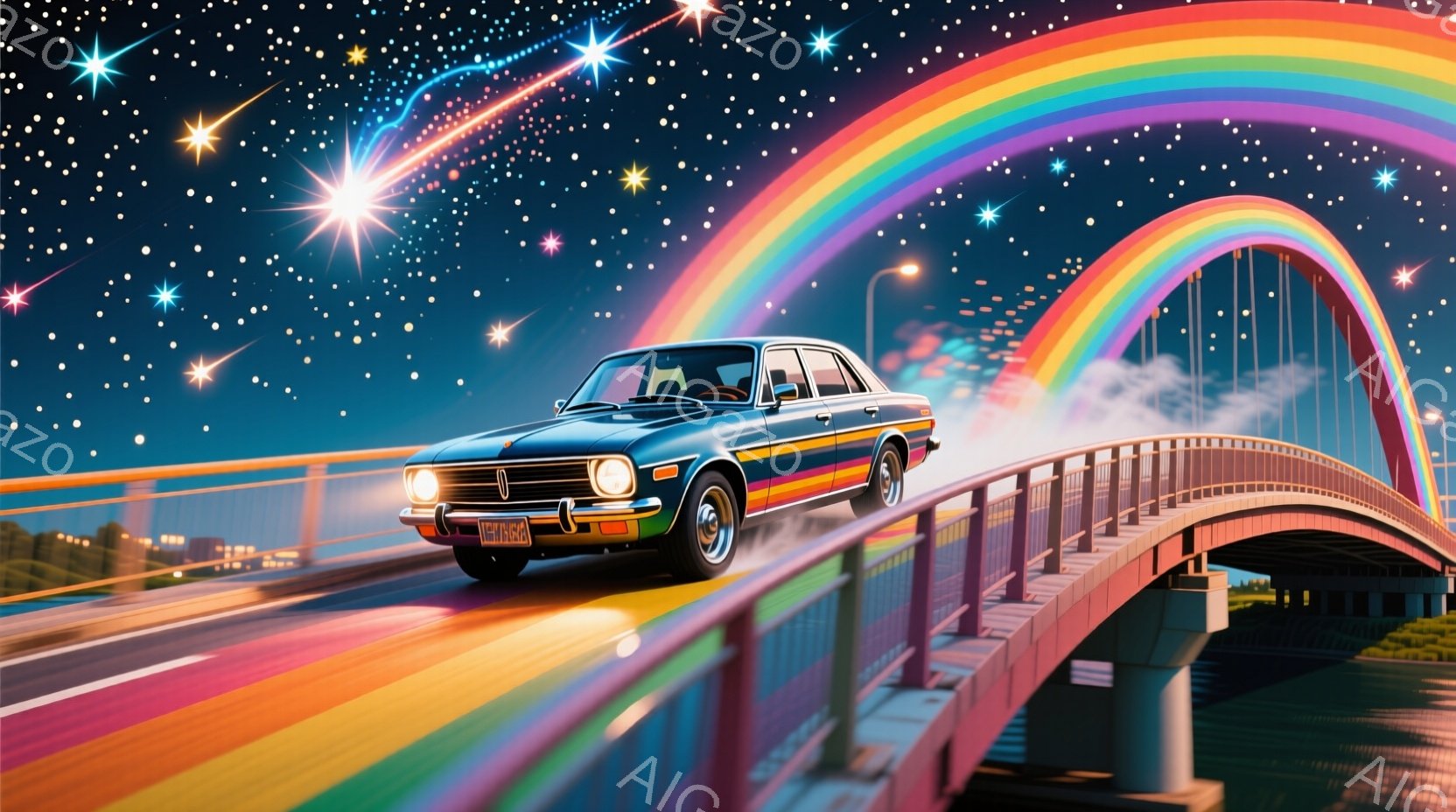 夜空を背景に、虹色の光が走る橋の上を、レトロな青い車が疾走している。星空はきらめき、光の粒子が舞い、幻想的な雰囲気を醸し出している。車はスピード感があり、光の筋が後方へ伸び、冒険と自由への躍動感を表現している。