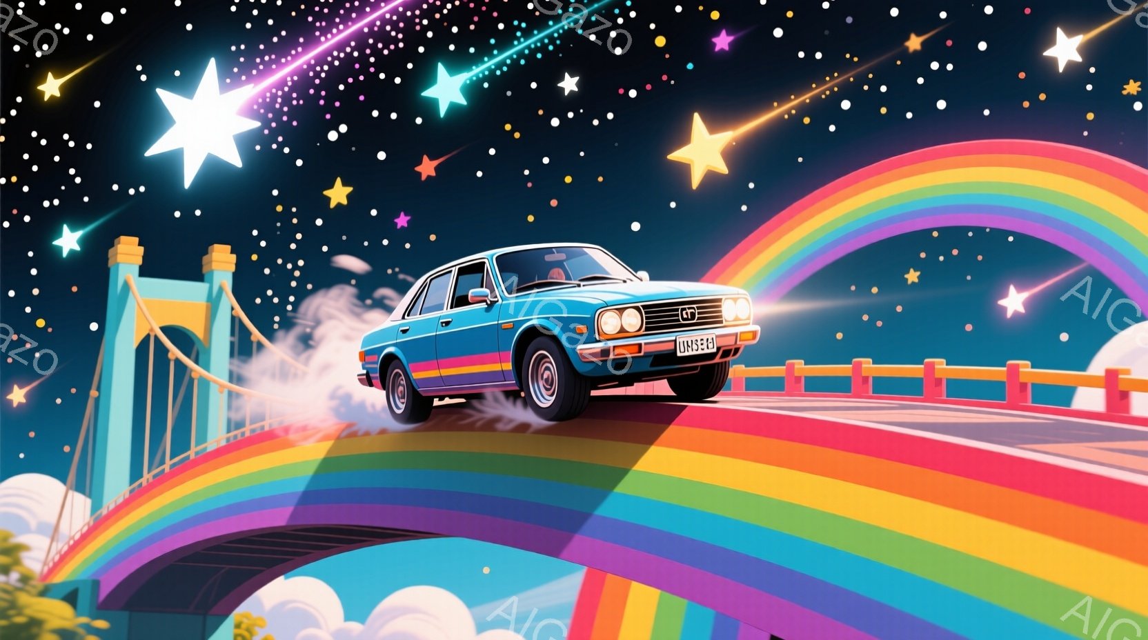 夜空を背景に、虹色のアーチ状の橋の上を、青いレトロな車が走行している様子が描かれている。星空はきらめき、橋の欄干は鮮やかなオレンジ色で、夢幻的な雰囲気を醸し出している。この光景は、レトロなノスタルジーとファンタジーが融合した、どこか懐かしい情景を表現している。