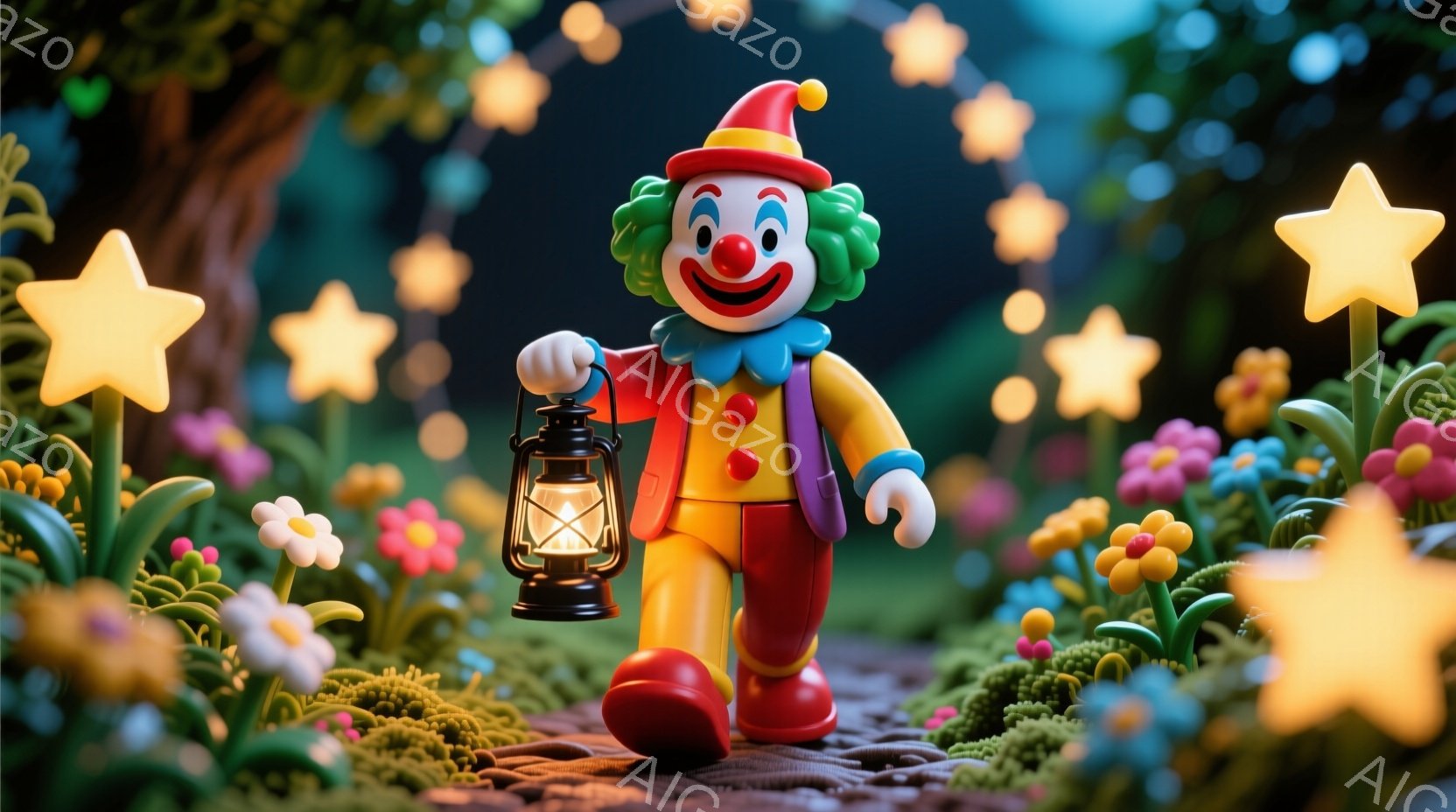 明るい色のピエロが、片手にランタンを持って森の中を歩いている。ピエロは赤い髪、緑の髪飾り、笑顔の表情で、黄色の服、赤い靴、そしてカラフルなボタンが付いた衣装を着ている。背景には、様々な色の花々が咲き乱 - AI生成フリー素材