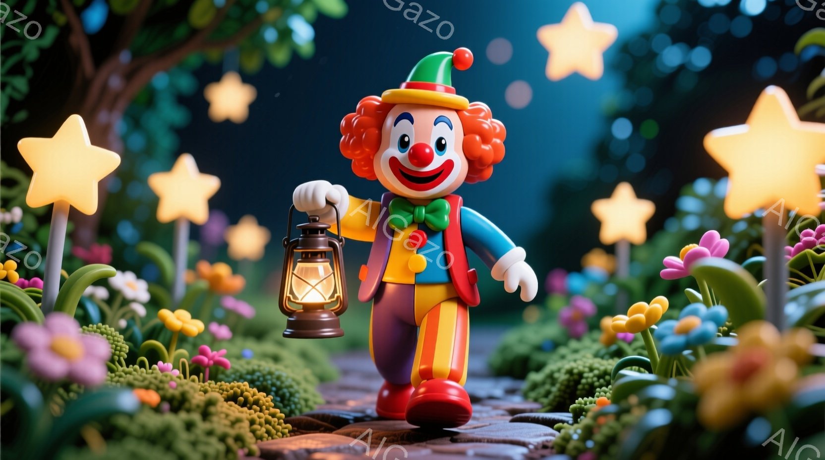 明るい色のピエロが、レンガの道の上を歩きながら提灯を持っています。ピエロは赤鼻で、緑色の帽子と明るい色の衣装を着ており、楽しそうな表情をしています。背景にはカラフルな花々が咲き乱れ、星型の光が灯り、幻想的な雰囲気を作り出しています。