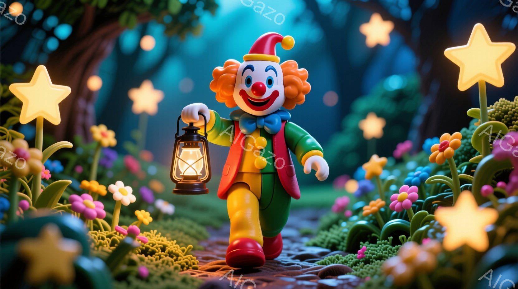 カラフルなピエロが、提灯を手に森の中の小道を歩いています。ピエロは緑色の衣装に赤い靴、そして巻き毛のオレンジ色の髪をしており、明るい笑顔を浮かべています。背景には、様々な色の花々が咲き乱れ、夜空には星 - AI生成フリー素材
