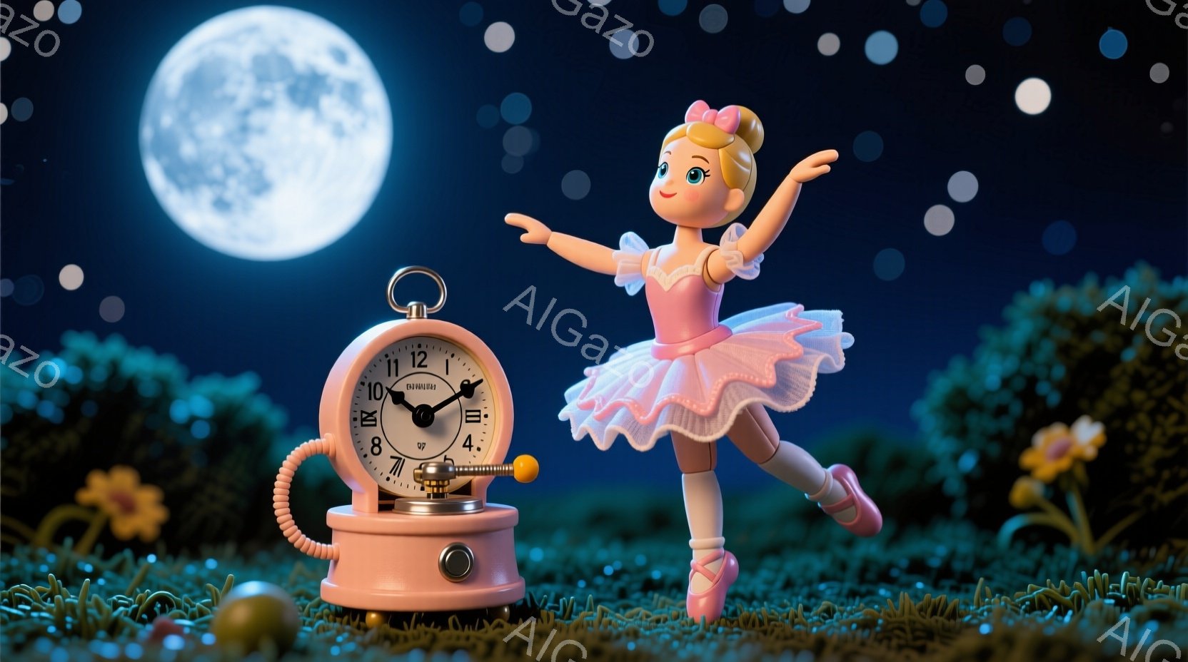 バレリーナの人形が、ピンクのチュチュとリボン、そしてバレエシューズを身に着け、優雅なポーズをとっています。背景には満月が輝き、緑色の草の上に黄色い花が咲き乱れ、ファンタジーのような夜の風景が広がっています。人形の横には、ゼンマイ仕掛けの時計が置かれており、まるでバレリーナが時計の動きに合わせて踊っているかのような、夢幻的な雰囲気を醸し出しています。