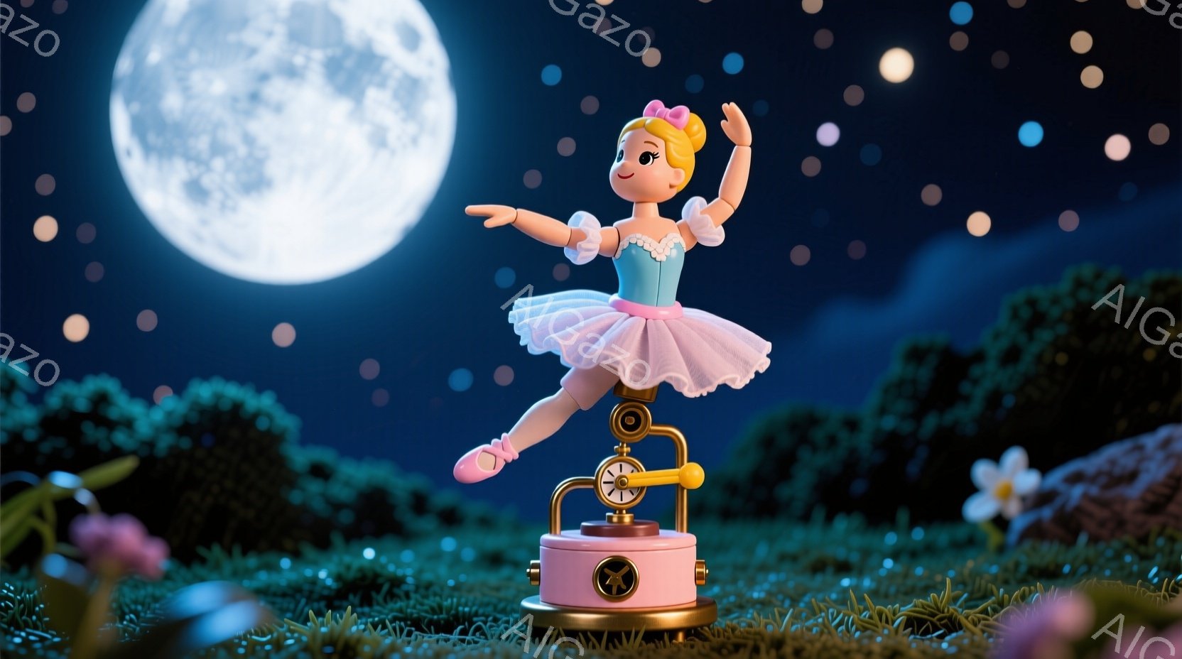 夜空を背景に、メカニカルな台の上に立つバレリーナの人形が描かれています。ピンクのチュールスカートと水色のトップスを着ており、髪はリボンでまとめられています。背景には緑の草が生い茂り、月と星が輝き、幻想的な雰囲気を醸し出しています。