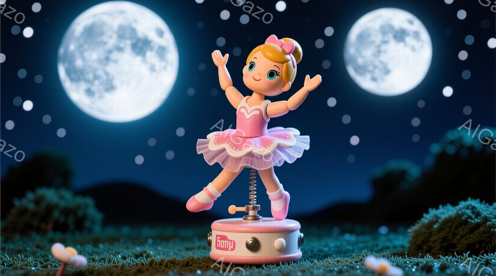 ピンク色の衣装を着たバレリーナの人形が、機械仕掛けの台座の上に立っている。人形は金髪の巻き髪で、笑顔を浮かべている。背景には、月が二つ輝き、緑色の芝生と植物が広がり、幻想的な雰囲気を作り出している。