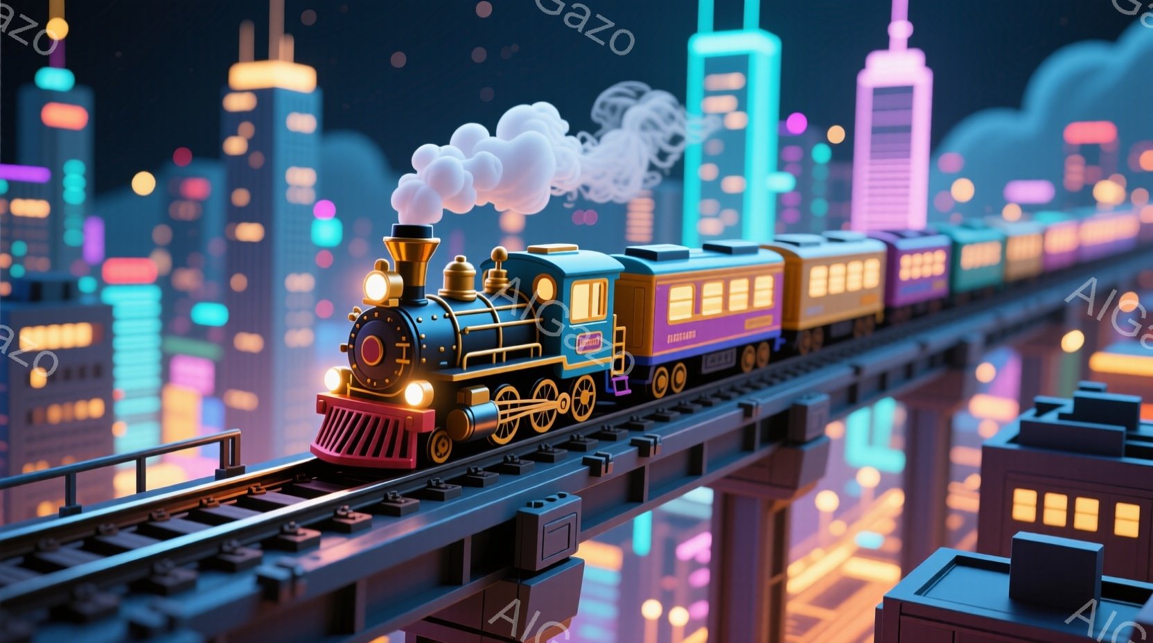 夜の街を走るレトロな蒸気機関車が描かれています。鮮やかなピンク、紫、オレンジ色のブロック調の建物が背景に並び、まるで夢のような光景を作り出しています。機関車からは白い煙が立ち上り、活気と希望に満ちた雰囲気です。